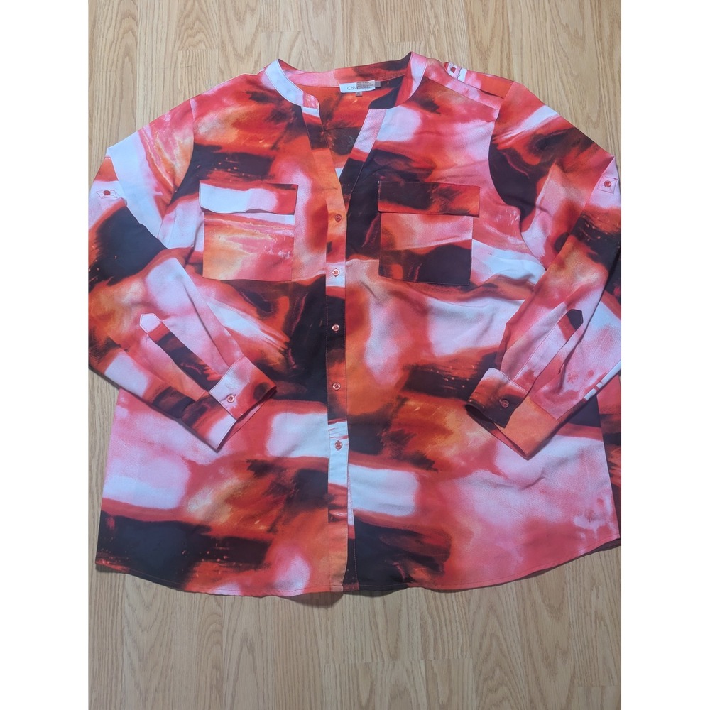 Calvin Klein Womens Roll Sleeve Abstract Print Button Up Blouse Red Multi 2X